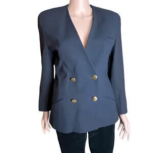 Vintage Oleg Cassini Women’s Structured Wool Blazer Navy Double Breasted — Flaws